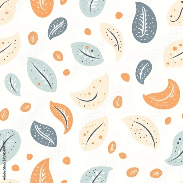 Fototapeta A colorful pattern of leaves and flowers is spread across a white background. The leaves are of various sizes and colors, and they are scattered throughout the image. Scene is cheerful and vibrant
