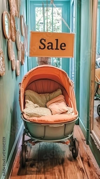 Fototapeta A baby stroller with a sign that says Sale. The stroller is hanging from the ceiling and is surrounded by mirrors