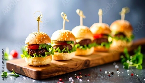 Fototapeta Miniature hamburgers on skewers, arranged on a wooden board