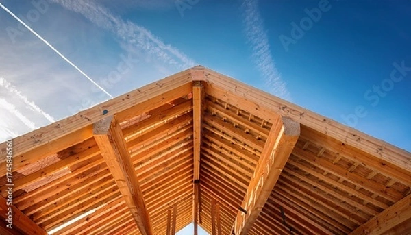 Obraz construction of a wooden roof structure under a blue sky during daylight hours