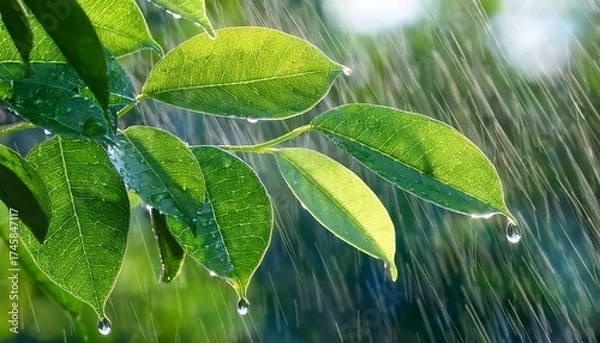Obraz dewy green leaves in gentle rain