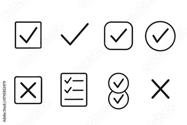 Fototapeta Outline vector icons of checkmarks and crosses — set of modern line style icons, transparent background  