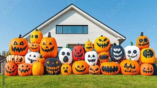 Obraz A vibrant display of decorative Halloween pumpkins in various designs set in front of a house against a clear sky.