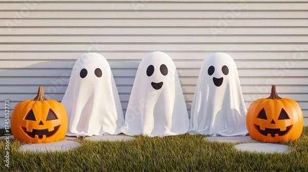 Obraz Three friendly ghosts stand beside carved pumpkins in a festive Halloween setting, celebrating the spirit of the holiday.