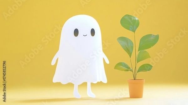 Obraz A cute cartoon ghost stands beside a vibrant green plant in a cheerful yellow background, perfect for whimsical decor.