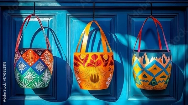 Obraz Brightly colored traditional baskets hanging against a vibrant blue background, showcasing cultural craftsmanship.