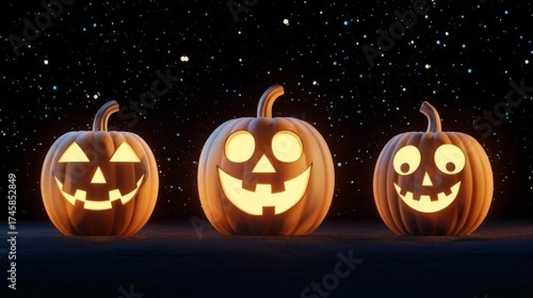 Obraz Three glowing Halloween pumpkins with cheerful expressions against a starry night sky, perfect for festive imagery.