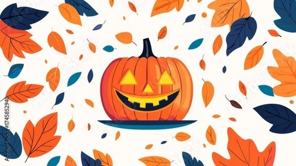Obraz A vibrant Halloween pumpkin surrounded by colorful autumn leaves, capturing the essence of fall festivities.