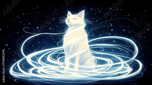 Obraz A mystical white cat surrounded by glowing energy, evoking a sense of tranquility and magic against a starry backdrop.