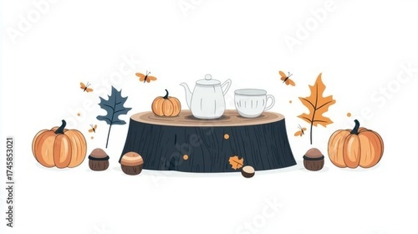 Obraz A cozy fall setup featuring pumpkins and teapots on a tree stump, evokes autumn's warm spirit.