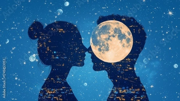 Obraz A serene silhouette of a couple against a starry night, capturing love under the glowing moon and city lights.