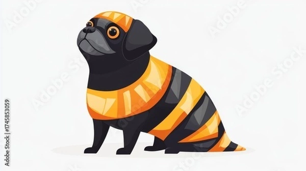 Obraz A playful illustration of a pug dressed in a colorful striped outfit, showcasing creativity and charm.