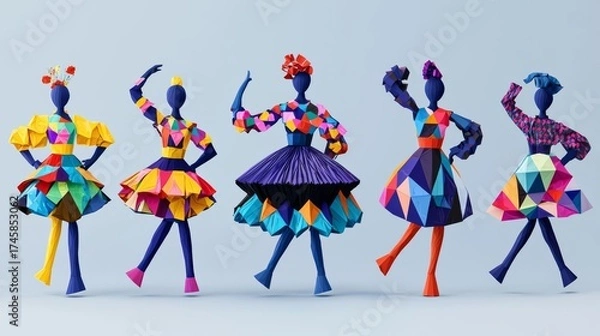 Obraz Colorful paper figures showcase unique fashion styles in a vibrant display of artistry and creativity.