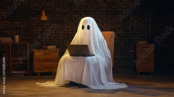 Obraz A playful ghost using a laptop in a cozy room, representing modern technology blending with traditional lore.