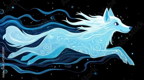 Obraz A mystical blue wolf leaps gracefully through a cosmic landscape filled with swirling energies.