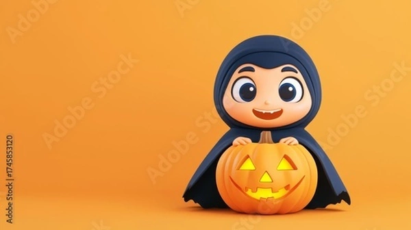 Obraz A cheerful child in a cloak holding a glowing pumpkin, celebrating Halloween in a vibrant orange setting.
