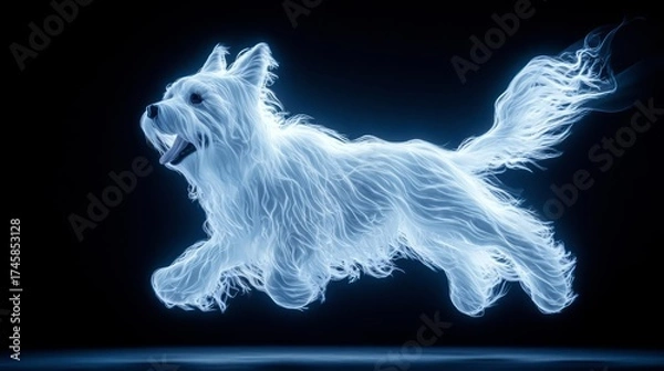 Obraz A luminous dog illustration capturing the essence of joy and movement in a captivating blue glow.