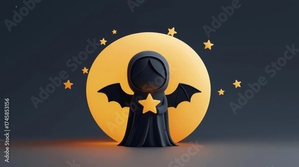 Obraz A whimsical character with bat wings, surrounded by stars and a glowing moon, perfect for Halloween themes.