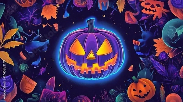 Obraz A vibrant Halloween scene featuring a glowing pumpkin surrounded by spooky elements in a colorful autumn backdrop.
