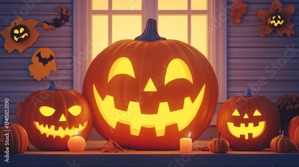 Obraz A festive display of carved pumpkins with glowing faces, celebrating Halloween in a cozy, autumn setting.