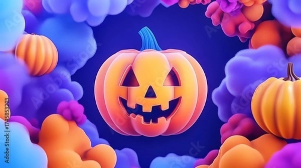 Obraz Bright and colorful Halloween pumpkins surrounded by vibrant clouds, creating a festive atmosphere.