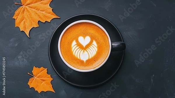 Obraz A cozy cup of latte art coffee with autumn leaves, perfect for warm moments and seasonal enjoyment.