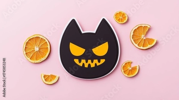 Obraz A playful Halloween-themed cat face design set against orange slices on a pastel pink background.