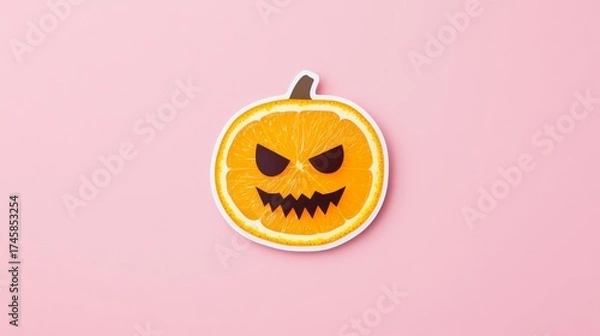 Obraz A playful, spooky pumpkin illustration with a mischievous expression on a pink background, perfect for Halloween.