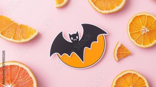 Obraz Colorful illustration featuring a bat and orange slices, perfect for seasonal fun and festive themes.