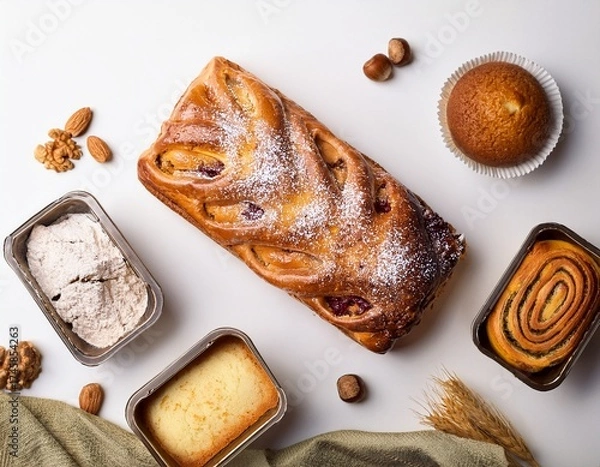 Obraz cake and bakery flat lay on white background