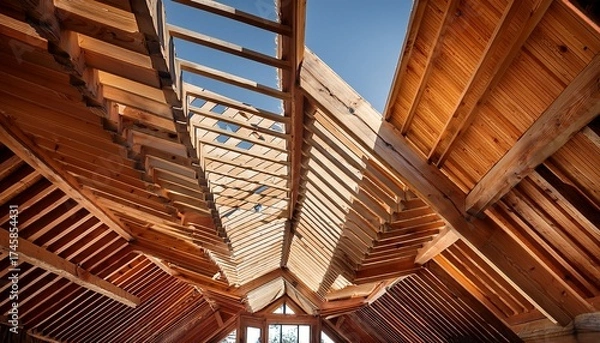Obraz construction of wooden roof beams showcasing intricate design and shadows