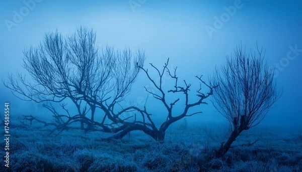 Obraz mysterious blue scene of dried tree branches in misty morning
