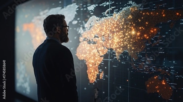 Fototapeta Man analyzing glowing world map display with digital data points