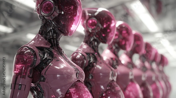 Fototapeta Futuristic robots tending to artificial human growth in cutting-edge agricultural facility