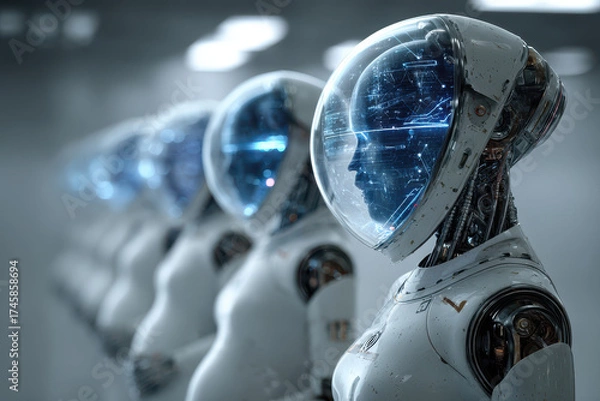 Fototapeta Futuristic robotic technology depicting pregnant robots with human growth concept in advanced sci-fi setting for innovative design usage