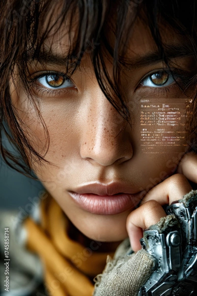 Fototapeta Futuristic female warrior with digital interface and intense gaze