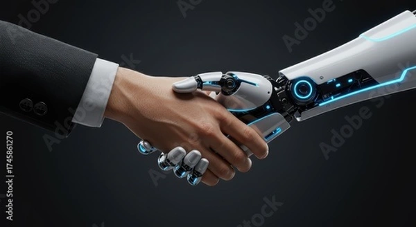 Fototapeta Human and Robotic Hand Shaking, Symbolizing Collaboration Between AI and Humanity in the Future of Technology