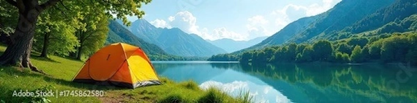 Fototapeta Serene Summer Camping by Calm Lake Picturesque Tent nestled amongst lush green trees under a clear blue sky. Perfect for travel, adventure, and outdoor lifestyle imagery.