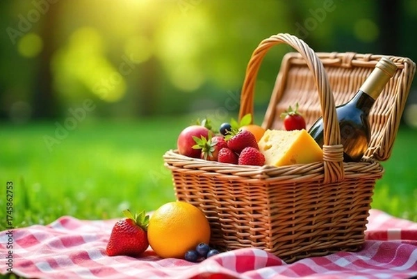 Fototapeta Charming Wicker Picnic Basket Overflowing with Fresh Fruit, Crusty Bread, and Cheese ? Perfect for a Delightful Outdoor Meal in Spring, Summer, or Fall