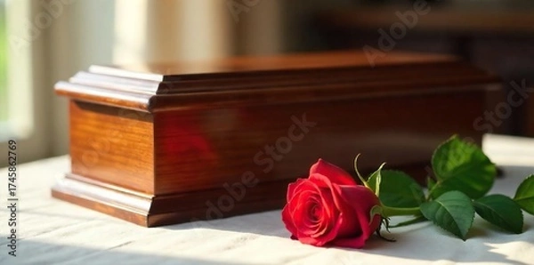 Fototapeta Polished Wooden Casket with Wilting Rose A Poignant Remembrance on an Anniversary, Softly Lit for a Touch of Gentle Sorrow.