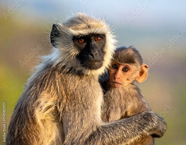 Fototapeta Close-up of a gray langur monkey and its young, embracing