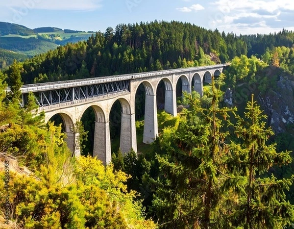 Fototapeta Long bridge spanning valley, surrounded by forest