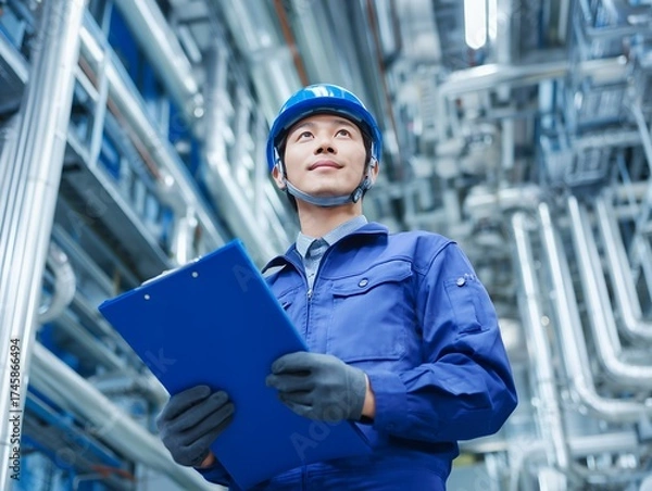 Fototapeta 工場内で点検表を持ち設備を確認する笑顔の日本人技術者の男性