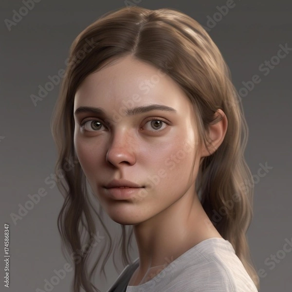 Fototapeta A highly detailed, hyper-realistic close-up portrait of an AI-generated human face. This digital artwork features lifelike skin textures, expressive eyes, and natural lighting.