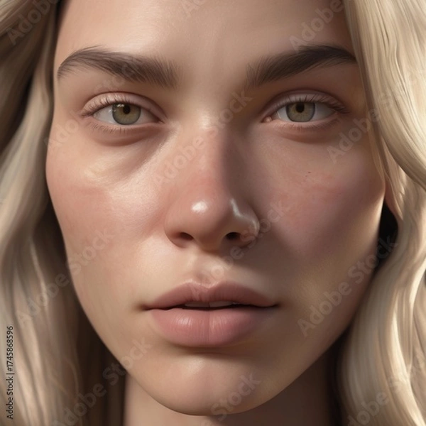 Fototapeta A highly detailed, hyper-realistic close-up portrait of an AI-generated human face. This digital artwork features lifelike skin textures, expressive eyes, and natural lighting.