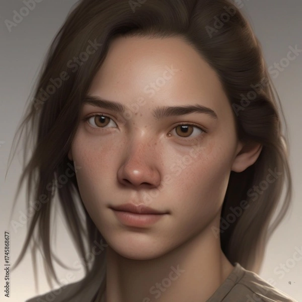 Fototapeta A highly detailed, hyper-realistic close-up portrait of an AI-generated human face. This digital artwork features lifelike skin textures, expressive eyes, and natural lighting.