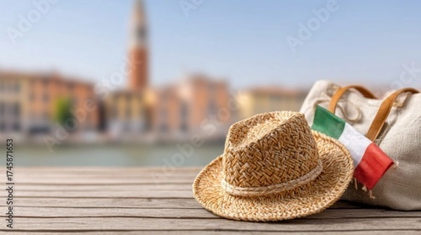 Obraz Straw hat and bag on a wooden dock with waterfront view in Italy during a sunny day