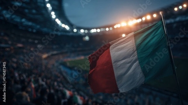 Fototapeta Excitement grows as fans wave the Italian flag during a match at a lively stadium in the evening light