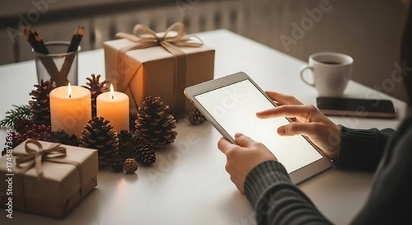 Fototapeta Woman browsing tablet with holiday gifts, candles, and coffee on white table at home