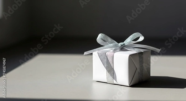 Fototapeta Elegant white gift box tied with a shimmering silver ribbon, casting a soft shadow on a light grey surface